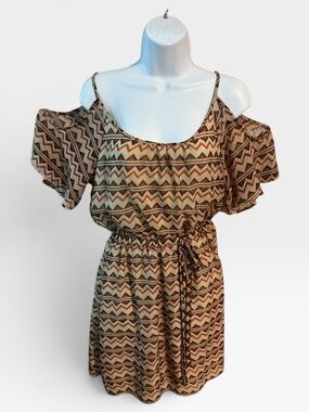 mine Cold-Shoulder Chevron Mini Dress in Tan and Brown